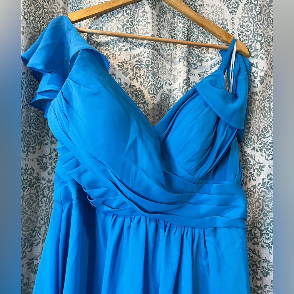 Blue Off Shoulder Chiffon Bridesmaid Long Spaghetti Straps Prom Homecoming
